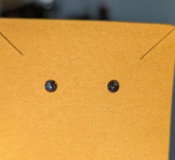 Handmade Navy Blue Resin Stud Earrings, Hypoallergenic Stainless Steel Sparkle (4mm)